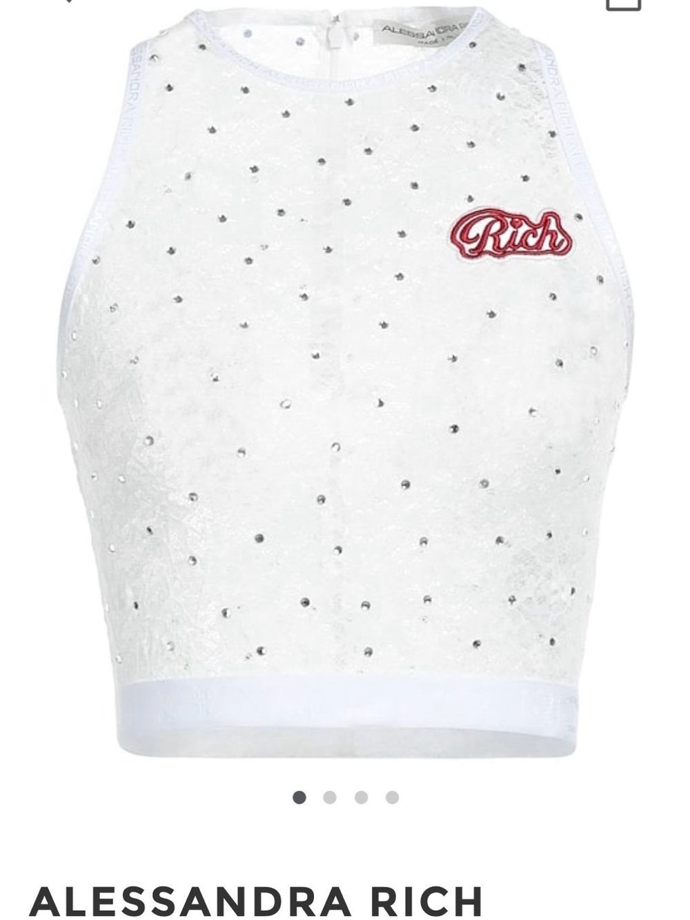 Alessandra Rich White Crystal-Embellished Crop Top with Red 'Rich' Patch